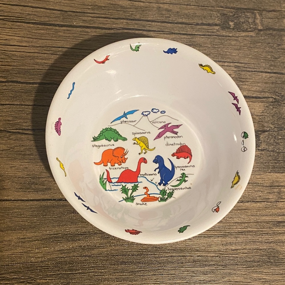 Kids' White Dinosaur Ceramic Bowl with Colorful Dino Graphics